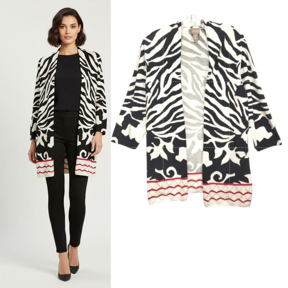 Chico's Cardigan Women's Size XL Black White Animal Print Open Front Sweater